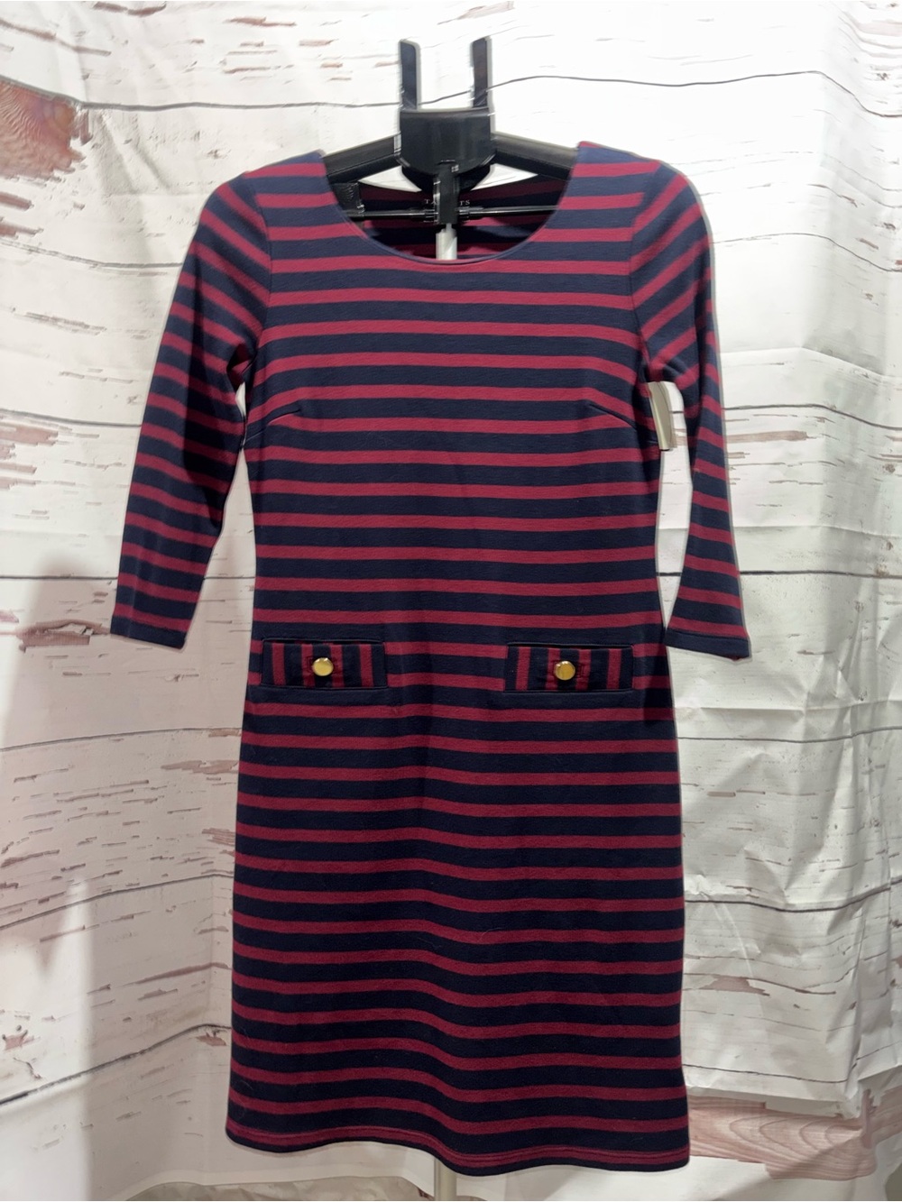 Talbots Navy and Wine Striped Long-Sleeve Sheath Dress Sz Small Petite NWT - Picture 5 of 7